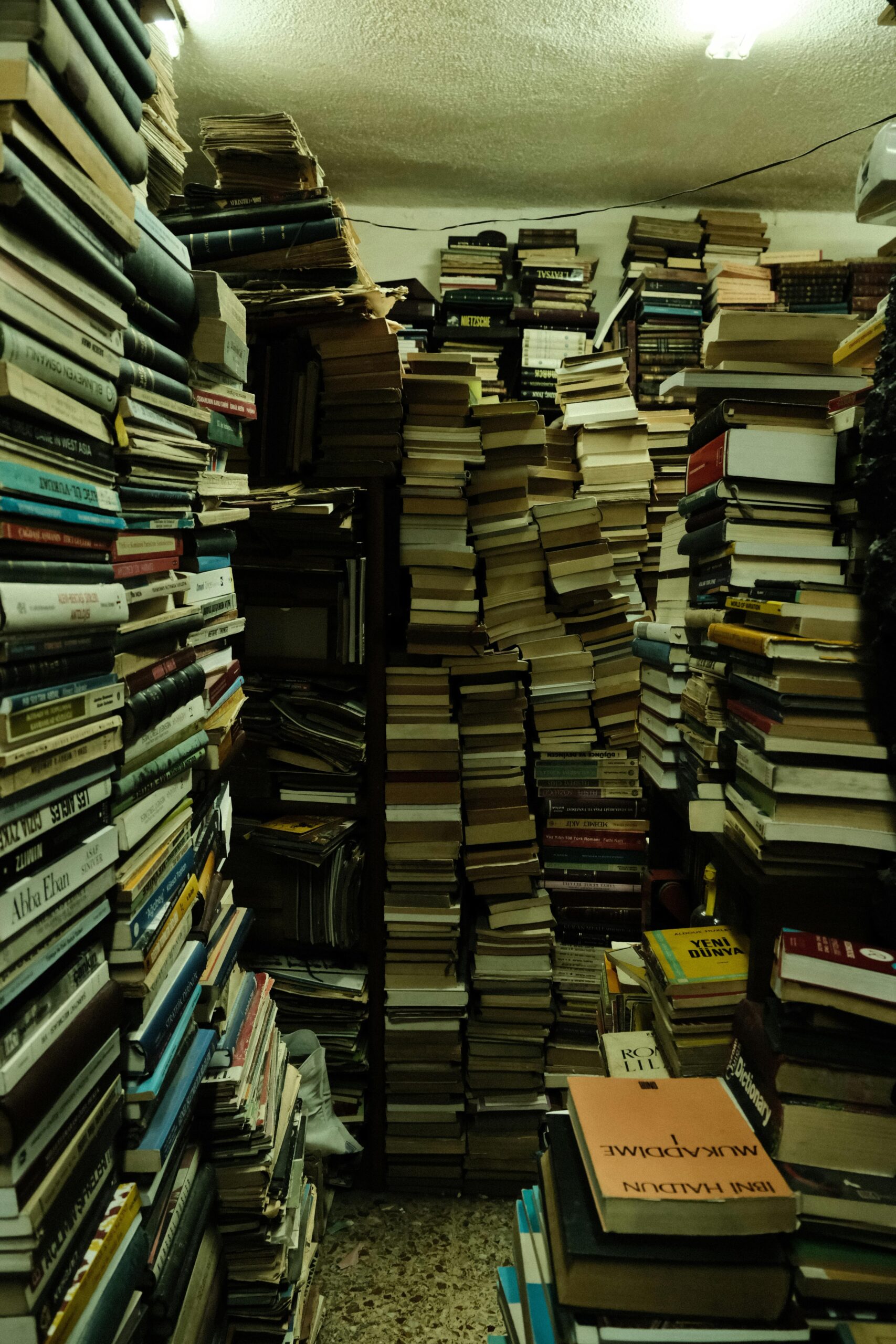 Room with an abundance of stacked books creating a literary labyrinth.